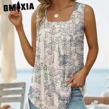 GMXIA женская модная повседневная летняя весенняя футболка без рукавов с квадратным воротником и цветочным принтом, майка, блузки и рубашки S