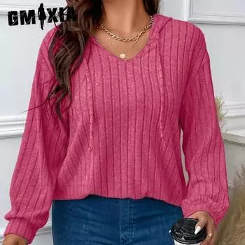 GMXIA женская модная повседневная меховая футболка с капюшоном в полоску, однотонный принт, осень-зима, свободные свитера с длинными рукавами и v-образным вырезом XL чёрный