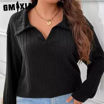GMXIA Женская модная повседневная однотонная футболка большого размера с принтом осень-зима с длинным рукавом и v-образным вырезом, матовая футболка с полосками, свободные свитера XL чёрный