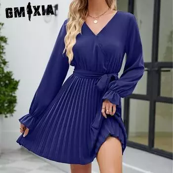 GMXIA женская модная повседневная однотонная летняя плиссированная юбка с v-образным вырезом и длинным рукавом, платье S бордовый