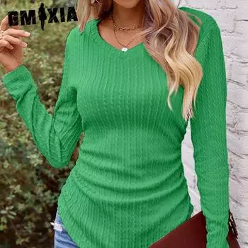 GMXIA женская модная повседневная однотонная одежда с принтом осень-зима с длинным рукавом и круглым вырезом Тонкая нерегулярная утягивающая трикотажная одежда S зелёный