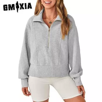 GMXIA женская модная повседневная однотонная толстовка с капюшоном на осень и зиму с длинным рукавом и высоким воротом S чёрный