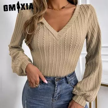 GMXIA женская модная повседневная однотонная трикотажная футболка с v-образным вырезом, осенне-зимняя однотонная футболка с длинным рукавом и v-образным вырезом S хаки