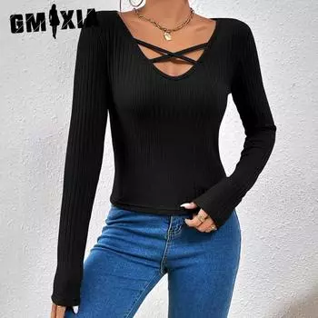 GMXIA женская модная повседневная осенне-зимняя тонкая футболка и свитшот с длинным рукавом со звездным принтом S чёрный