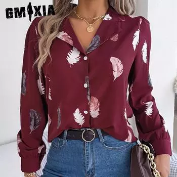 GMXIA женская модная повседневная рубашка с длинным рукавом и воротником, блузка с перьями и принтом, темпераментная рубашка S белый