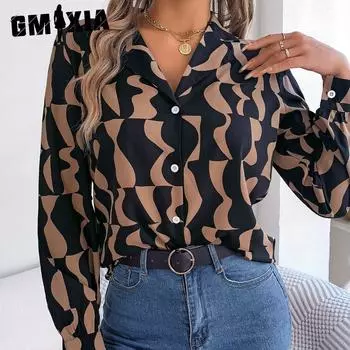 GMXIA, женская модная повседневная рубашка в полоску с длинными рукавами и воротником, блузки и рубашки, свободная цветная рубашка в пригородном стиле S хаки