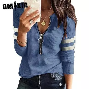 GMXIA женская модная повседневная свободная футболка с воротником на молнии и осенне-зимним принтом с длинными рукавами