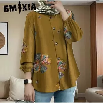 GMXIA Женская мусульманская рубашка с принтом, модная рубашка с пышными рукавами, повседневная свободная одежда S оранжевый