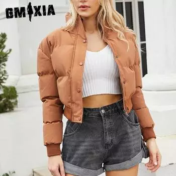 GMXIA Женская однотонная короткая стеганая куртка с принтом, с высоким воротом, теплая стеганая куртка, осенне-зимние куртки и пальто с длинным рукавом S чёрный