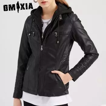 GMXIA Женская однотонная кожаная куртка с капюшоном и принтом, комплект из двух частей, которые можно отстегнуть, большой размер, кожаные куртки и пальто с длинным рукавом из искусственной кожи XS чёрный