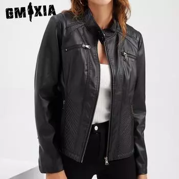 GMXIA Женская однотонная кожаная куртка с принтом, куртка со стоячим воротником, приталенное пальто, женские весенние и осенние куртки и пальто с длинным рукавом S чёрный