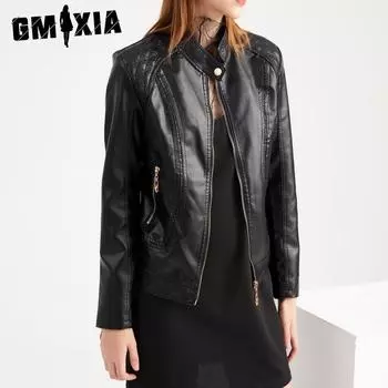GMXIA Женская однотонная куртка из искусственной кожи с принтом и воротником-стойкой большого размера, весенние и осенние куртки и пальто с длинным рукавом S чёрный