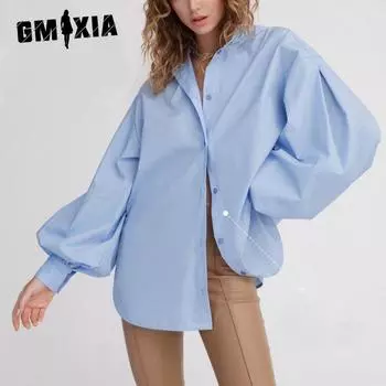 GMXIA Женская однотонная рубашка с длинным рукавом, весенне-летняя темпераментная универсальная свободная рубашка с круглым воротником S небесно-голубой