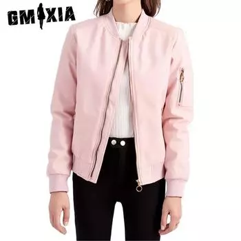 GMXIA Женская однотонная стильная женская куртка с принтом, повседневная хлопковая куртка, осень-зима, длинный рукав, воротник-поло, куртки и пальто S розовый