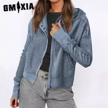 GMXIA Женская однотонная толстовка с капюшоном в стиле пэчворк с принтом осень-зима, свободная короткая трикотажная куртка с длинным рукавом и на молнии S чёрный