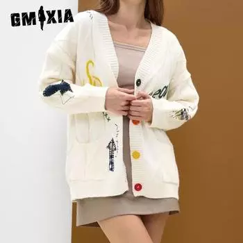 GMXIA Женская осенне-зимняя мода в стиле ленивой вышивки свитер с буквенным дизайном свободная трикотажная куртка One size розовый