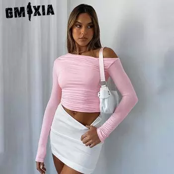 GMXIA Женская осенняя однотонная футболка с диагональными плечами и длинными рукавами, плиссированная укороченная футболка для женщин XS розовый