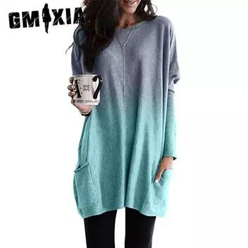 GMXIA Женская осенняя повседневная футболка с длинным рукавом и карманом S синий