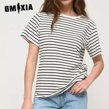 GMXIA Женская полосатая футболка, летняя женская новая темпераментная футболка с круглым вырезом, черно-белая полосатая футболка с короткими рукавами S белый