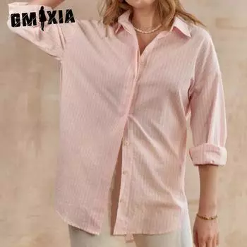GMXIA Женская полосатая рубашка, осенне-зимняя новая повседневная свободная рубашка цвета сахарного макарон, средняя длинная полосатая рубашка S розовый