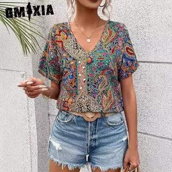 GMXIA Женская повседневная футболка свободного кроя с короткими рукавами и V-образным вырезом с принтом S