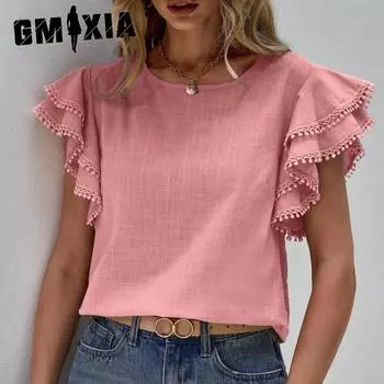 GMXIA Женская повседневная летняя свободная рубашка с круглым вырезом и короткими рукавами в виде листьев лотоса для женщин S чёрный