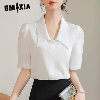 GMXIA Женская простая темпераментная шифоновая блузка с маленьким заостренным воротником, женская летняя тонкая блузка для повседневных поездок с короткими рукавами, уменьшающая возраст S белый