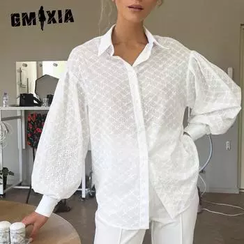 GMXIA Женская рубашка из жаккарда с рукавами-фонариками, весенний темперамент, универсальный воротник-поло, рубашка с небольшим ажурным узором S жёлтый