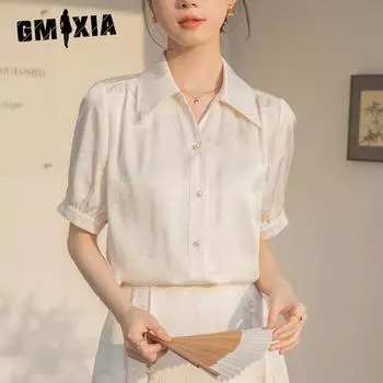 GMXIA Женская рубашка, летняя блузка в стиле ретро-кантри с V-образным вырезом и коротким рукавом, топы для деловых поездок S абрикосовый