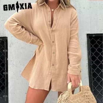 GMXIA женская рубашка с длинным рукавом из морщинистой ткани, шорты с высокой талией, модный повседневный комплект из двух предметов S белый