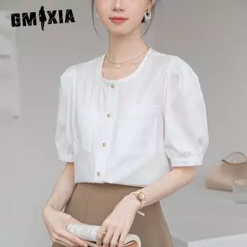 GMXIA Женская рубашка с круглым вырезом и короткими рукавами, женская летняя блузка для поездок на работу и обратно, рубашка в стиле темперамент S белый