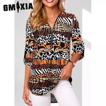 GMXIA Женская рубашка свободного кроя с длинными рукавами и V-образным вырезом больших размеров с воротником на молнии S