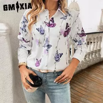 GMXIA Женская рубашка, весна-лето, принтованный кардиган, топ с длинными рукавами S белый