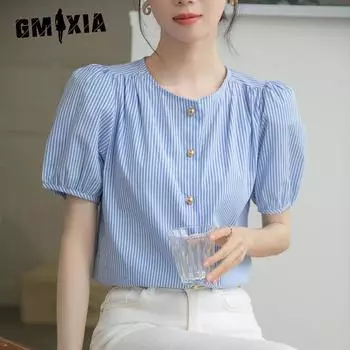GMXIA Женская синяя полосатая рубашка Temperament с круглым вырезом и металлическими пуговицами Sense Summer Simple Fresh с коротким рукавом для поездок на работу S синий