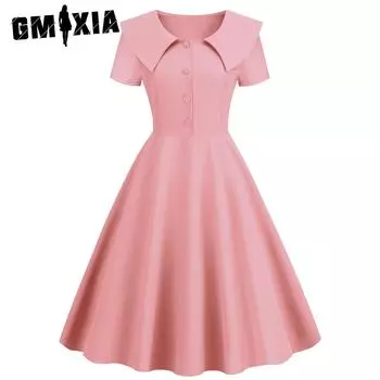 GMXIA Женская стильная винтажная юбка с отворотом и коротким рукавом, тонкое однотонное платье трапециевидной формы S розовый