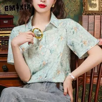 GMXIA, женская свежая мятно-зеленая маленькая блузка с цветочным принтом, женская летняя пригородная рубашка в стиле ретро с короткими рукавами и литературной блузкой S