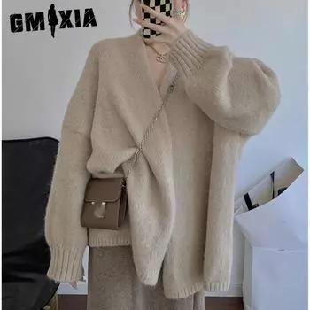 GMXIA Женская свободная одежда весна и осень однотонный ленивый ветер легкий ветер свитер кардиган свитер для улицы One size