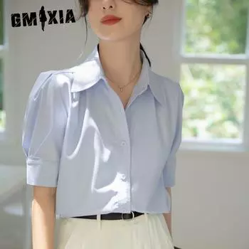GMXIA Женская темпераментная синяя рубашка, летняя тонкая профессиональная рубашка, пригородная блузка с короткими рукавамиjavascript: S белый