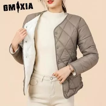 GMXIA Женская теплая флисовая утолщенная интегрированная флисовая внутренняя часть рукава с шерстяным рукавом в тон, хлопковая утепленная куртка с длинным рукавом для женщин M чёрный