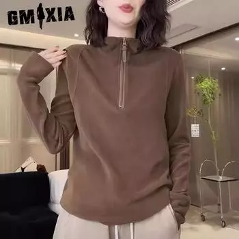 GMXIA Женская толстовка с капюшоном из бархата с воротником-стойкой и полумолнией, осенне-зимняя модель, утолщенная основа из бархата M коричневый