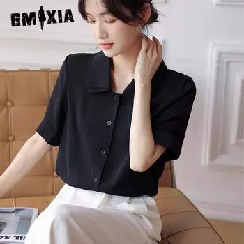 GMXIA Женская тонкая шикарная рубашка-поло в стиле ретро, летняя тонкая шифоновая рубашка с короткими рукавами S белый