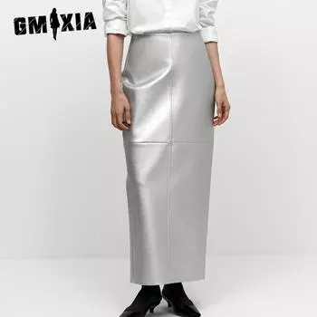 GMXIA Женская юбка до половины тела из искусственной кожи, весенняя юбка с разрезом, металлическая глянцевая кожаная юбка до половины тела с запахом S серебряный