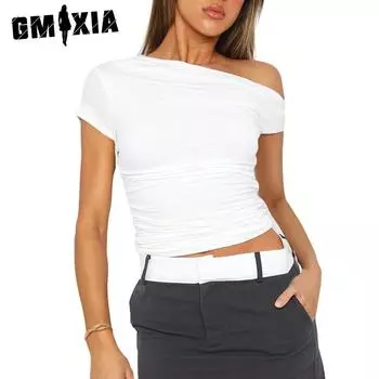 GMXIA Женская весенняя однотонная футболка с диагональными плечами и короткими рукавами, плиссированная, укороченная футболка для женщин XS белый