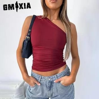 GMXIA Женская зимняя однотонная футболка с открытыми плечами и плиссированной майкой на одно плечо XS бордовый