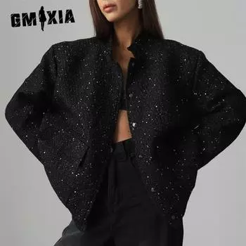 GMXIA женская золотая куртка из бисера женская мода с блестками воротник-стойка свободная куртка пальто S золотой