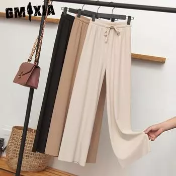 GMXIA Женские брюки Ice Silk, женские летние облегающие брюки с высокой талией, свободные прямые брюки длиной до пола, повседневные широкие брюки One Size чёрный