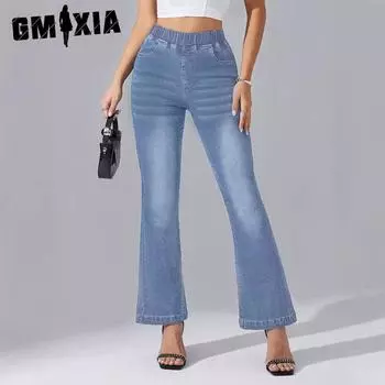 GMXIA Женские джинсы с эластичной талией, эластичные джинсы с эффектом стирки, укороченные брюки S павлин голубой