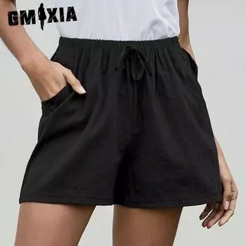 GMXIA Женские летние хлопковые и льняные повседневные свободные шорты А-силуэта с широкими штанинами для женщин S белый