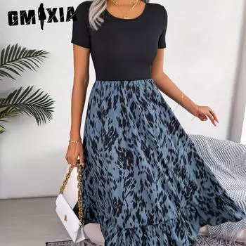 GMXIA Женские летние и весенние модные коктейльные и вечерние платья с v-образным вырезом и коротким рукавом с высокой талией и цветочным принтом S хаки