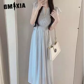 GMXIA Женские летние нежные узкие юбки с драпировкой и рукавами Xiaofei, свободные платья S